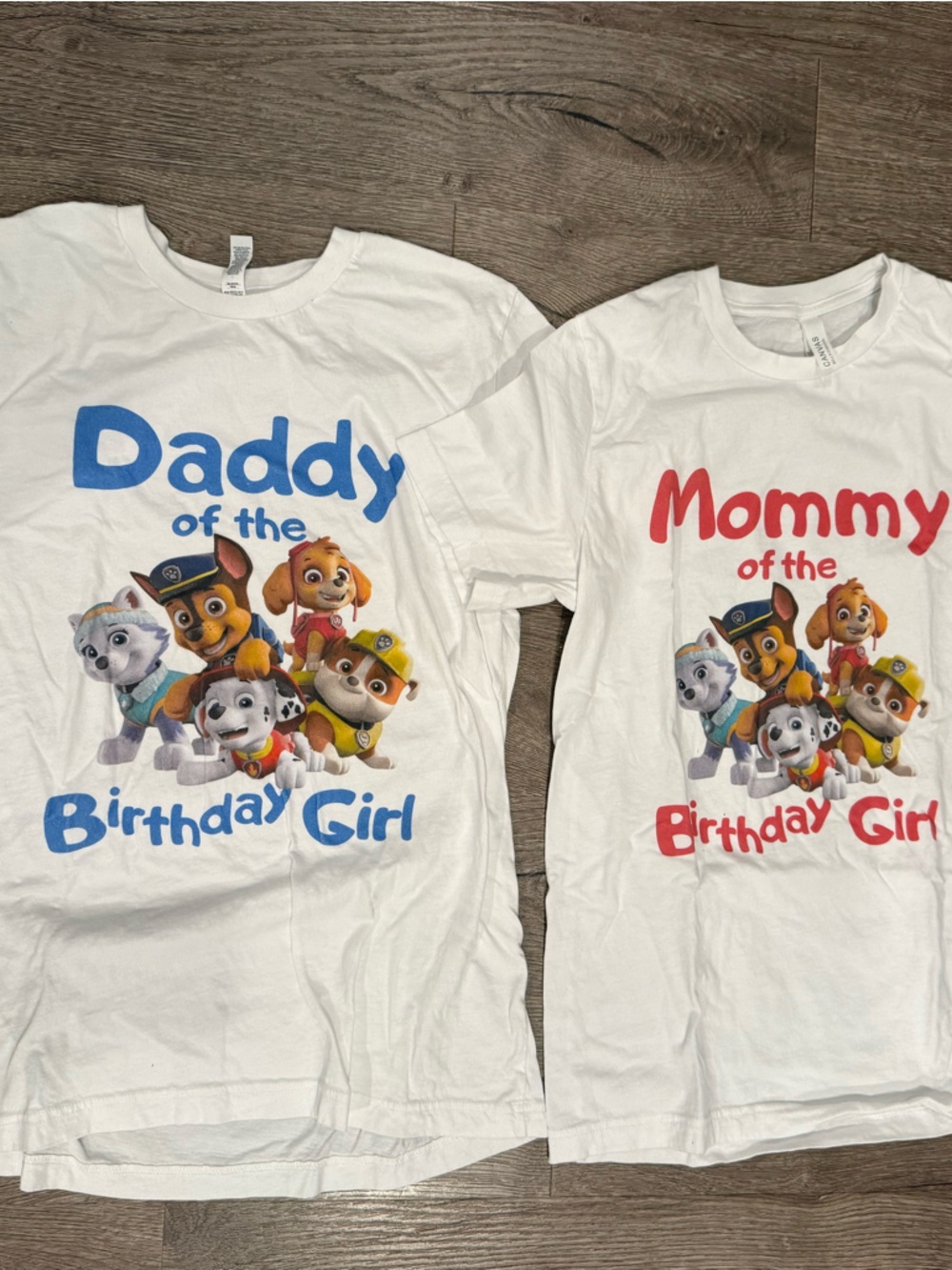 Paw Patrol "Mommy & Daddy of the Birthday Girl" TShirts-M & L. Like new. Worn 1x
